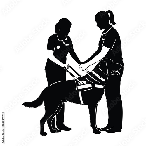 Guide dog trainer holding harness handle during service preparation silhouette vector illustration isolated in black and white