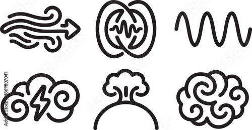 Six black line representing wind waves energy lightning volcano and brain