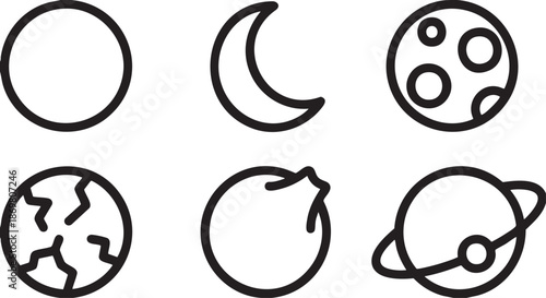 Six simple black line representing celestial bodies and space planet moon orbit