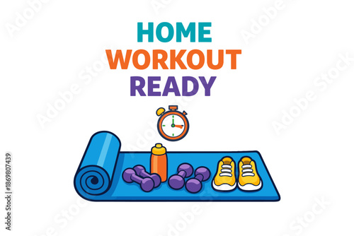 Home workout essentials: yoga mat, dumbbells, timer, sports shoes