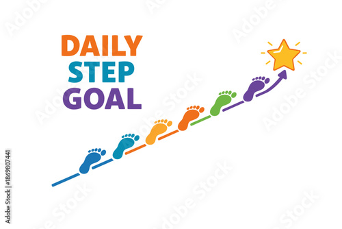 Colorful footsteps toward daily step goal with star on arrow path