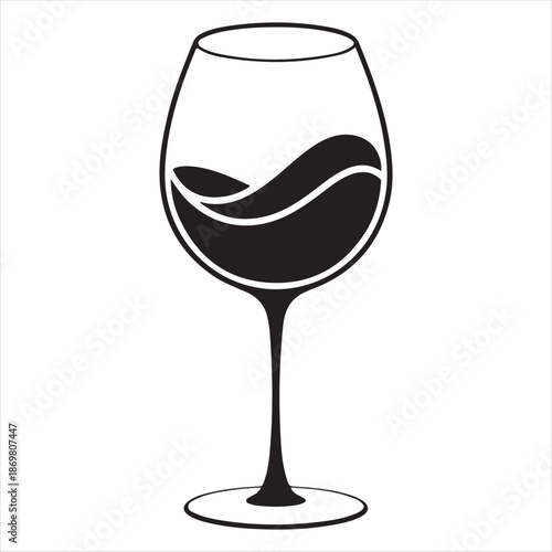 A simple black and white illustration of a wine glass with liquid