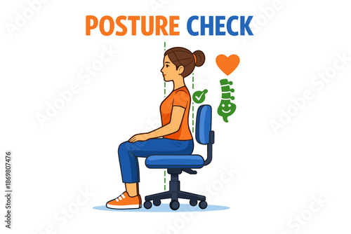 Proper office chair posture illustration with young caucasian female