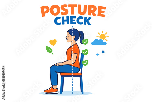 Cartoon woman demonstrating correct sitting posture with alignment indicators