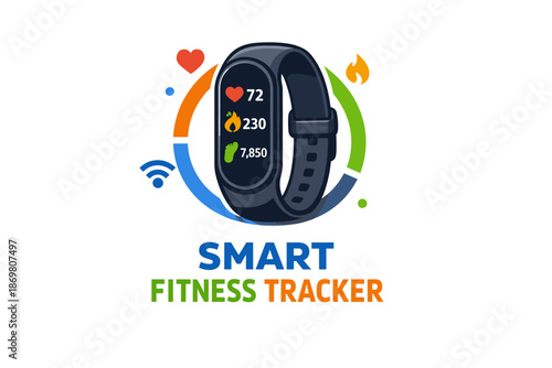 Smart fitness tracker displaying heart rate, calories, steps with wifi and activity icons