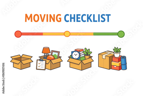 Essential moving checklist with packed boxes and supplies for efficient relocation