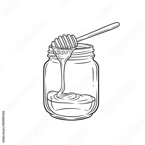 honey jar with wooden dipper hand drawn line art illustration