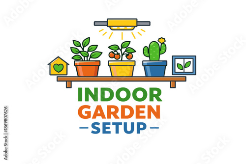 Colorful indoor garden setup with potted plants and led grow light