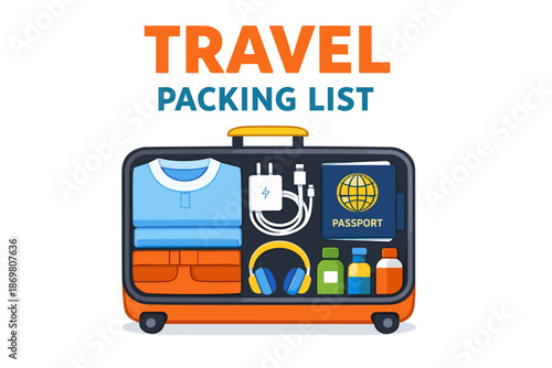 Organized travel packing list with essentials in suitcase
