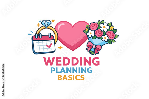 Wedding planning basics: heart, calendar, bouquet icons for event preparation