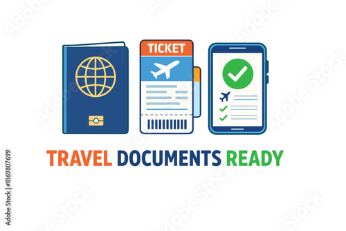 Travel documents ready: passport, ticket, mobile boarding pass illustration
