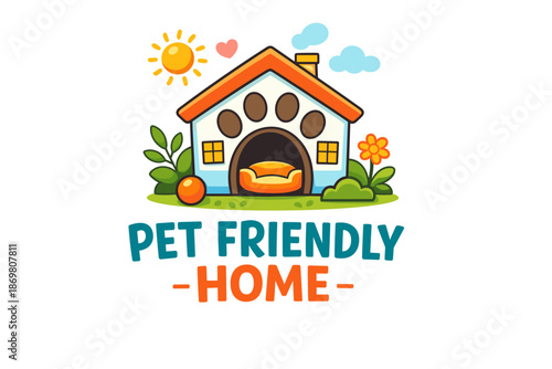 Colorful pet friendly home illustration with house, sun, and plants