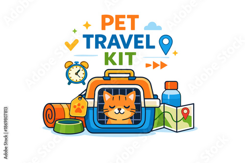 Colorful pet travel kit: cat in carrier with accessories and map icon