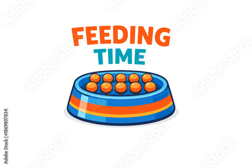 Colorful pet bowl with food pellets and feeding time text