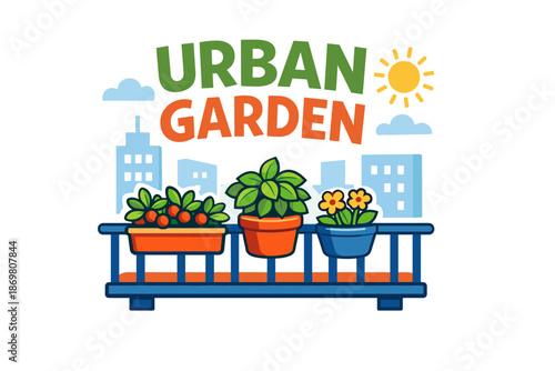 Urban garden balcony with potted plants in the city sunlight