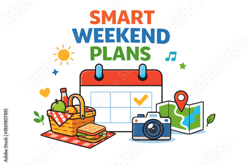 Smart weekend plans: picnic, photography, map, calendar adventure