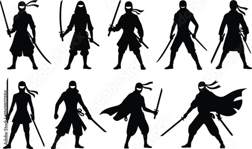 Set Of Ancient Samurai Assassin Silhouettes In Fighting Poses For Game Assets And Manga Illustration.