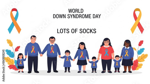 Diverse family and children wearing blue shirts with awareness ribbons for world down syndrome day
