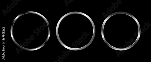 Set of three silver glowing circle frames isolated on dark transparent background. 