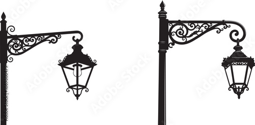 Ornate black street lamp posts with hanging lanterns