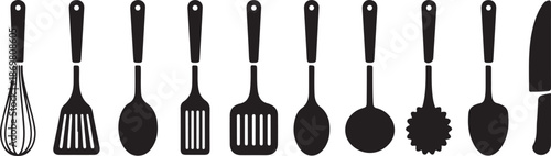 Black and white silhouettes of various kitchen utensils and a knife