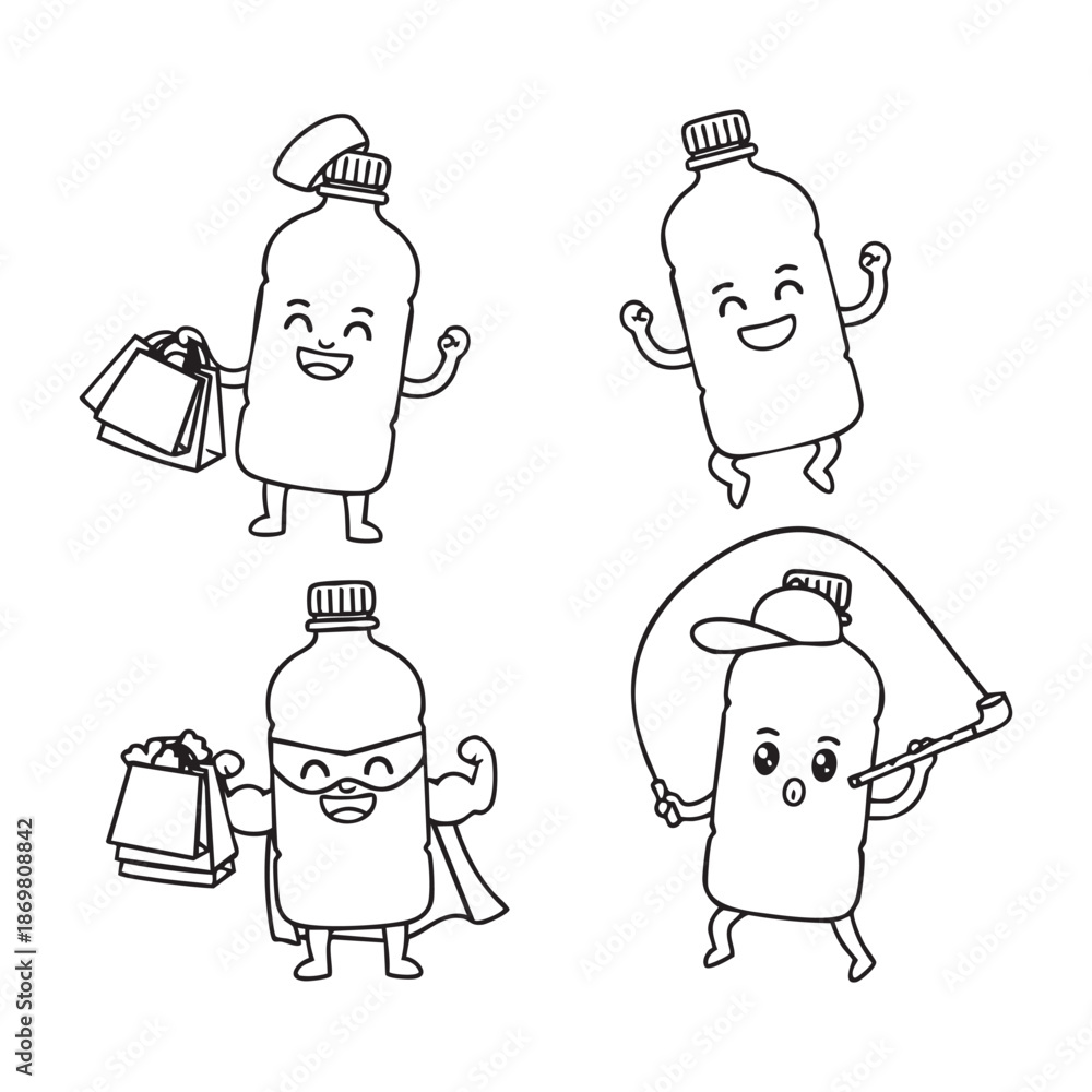 Obraz premium Cartoon milk bottles in various superhero poses with shopping bags in black and white line art for illustration