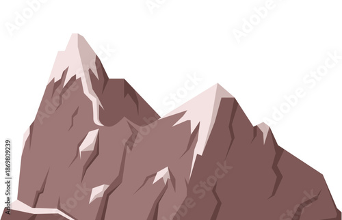 Flat vector illustration of a stylized brown rocky mountain range with sharp peaks and snow highlights. Isolated on white background, perfect for nature themes, adventure design, game environments, an