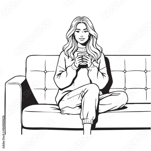 Woman Relaxing on Sofa with Cup in Monochrome Illustration Style with Simple Lighting for Mental Health Awareness
