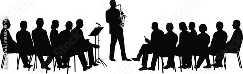 Silhouette of saxophonist performing live on stage, music concert atmosphere, audience engagement, artistic entertainment, spotlight performance, vector illustrationt