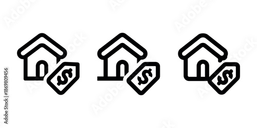 Home with price tag icon set, house for sale in outline and glyph style vector