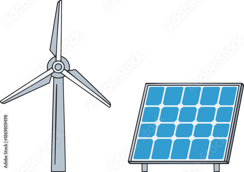 Minimalist flat vector illustration of a wind turbine and solar panel.