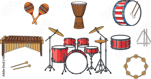 Collection of cute cartoon musical instrument characters with faces including piano drums guitar saxophone accordion synthesizer and turntable for kids music education posters.