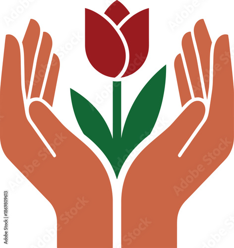 Two hands holding red tulip flower icon symbol of Parkinson's disease awareness medical healthcare support and care concept nature growth sign logo design for global campaign hope charity.