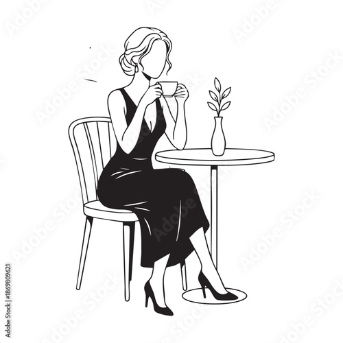 Woman Drinking Coffee in Elegant Black Dress with Minimalist Line Art Style in Monochrome Color on White Background for Cafe Advertising