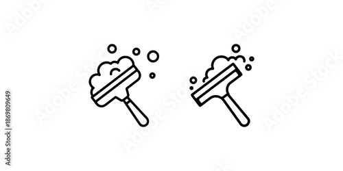 Window squeegee icons set outline vector symbols showing scrubbing and washing with soapy foam bubbles