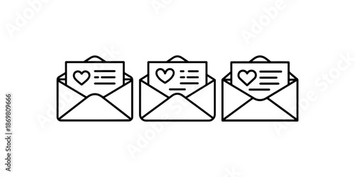 Three love letter open envelope icons set outline vector symbols showing romantic correspondence and mail