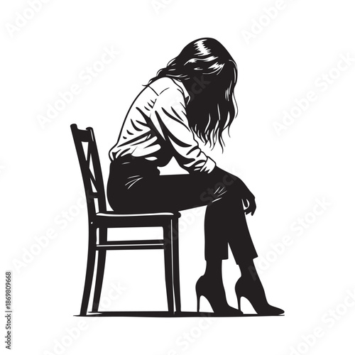 Sad woman sitting on chair in melancholic mood with dramatic black and white illustration for emotional wellness