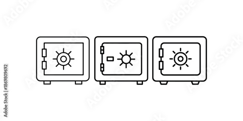 Three safe deposit box icons vector line art outline symbols representing financial security and storage
