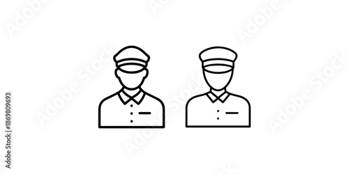 Two uniformed man icons set outline vector symbols representing doorman security guard or service personnel