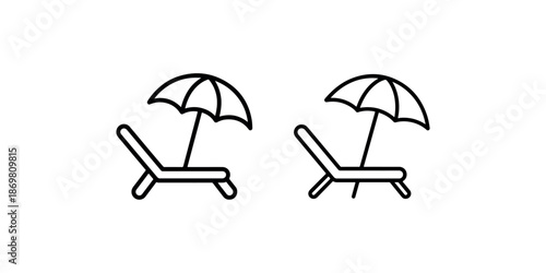 Beach lounge chair with sun umbrella line icons for summer holiday and resort travel theme