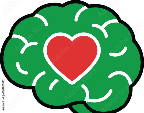 Green human brain icon with red heart shape inside symbol of mental health awareness emotional intelligence and psychology concept medical healthcare sign logo design for love and care.