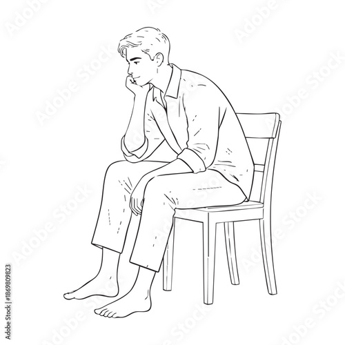 Man Sitting on Chair in Contemplative Pose with Monochromatic Line Art Style for Mental Health Illustration