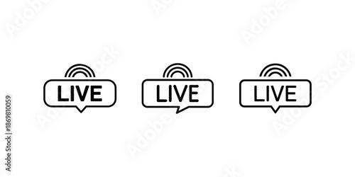 Three live streaming icons in speech bubbles with rainbow signal symbol on white background
