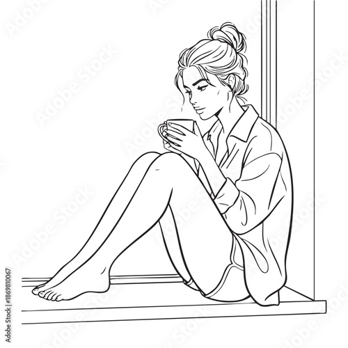 Woman Relaxing with Coffee in Minimalist Line Art Style with Soft Lighting on White Background for Wellness Advertising