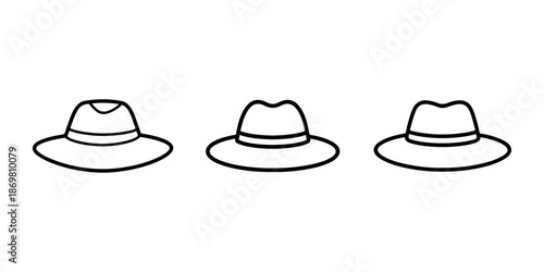 Three fedora hats in line art style on white background top view