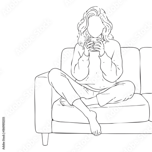 Woman Relaxing on Sofa in Cozy Pose with Cup in Minimalist Line Art for Wellness Advertising