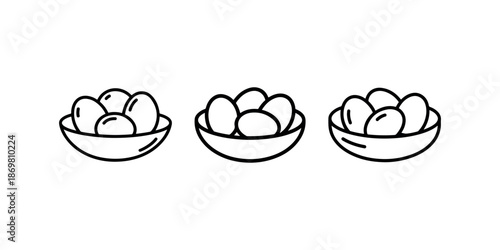 Three bowls filled with fresh eggs for cooking baking or easter celebration vector illustration in line art style