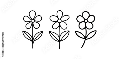 Three delicate line drawings of simple flowers with stems and leaves growing upright isolated
