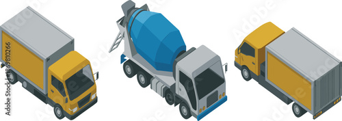 Set of isometric construction and delivery trucks, vector concrete mixer and yellow cargo transport vehicles