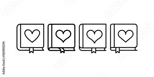 Four books standing upright featuring heart shape symbols on covers with bookmark ribbons attached